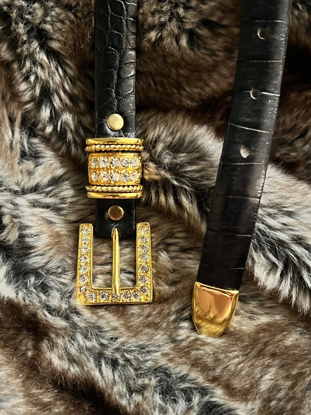 Authentic B.B. Simon Black Crock Leather Belt Gold Crystal Buckle Sz 32